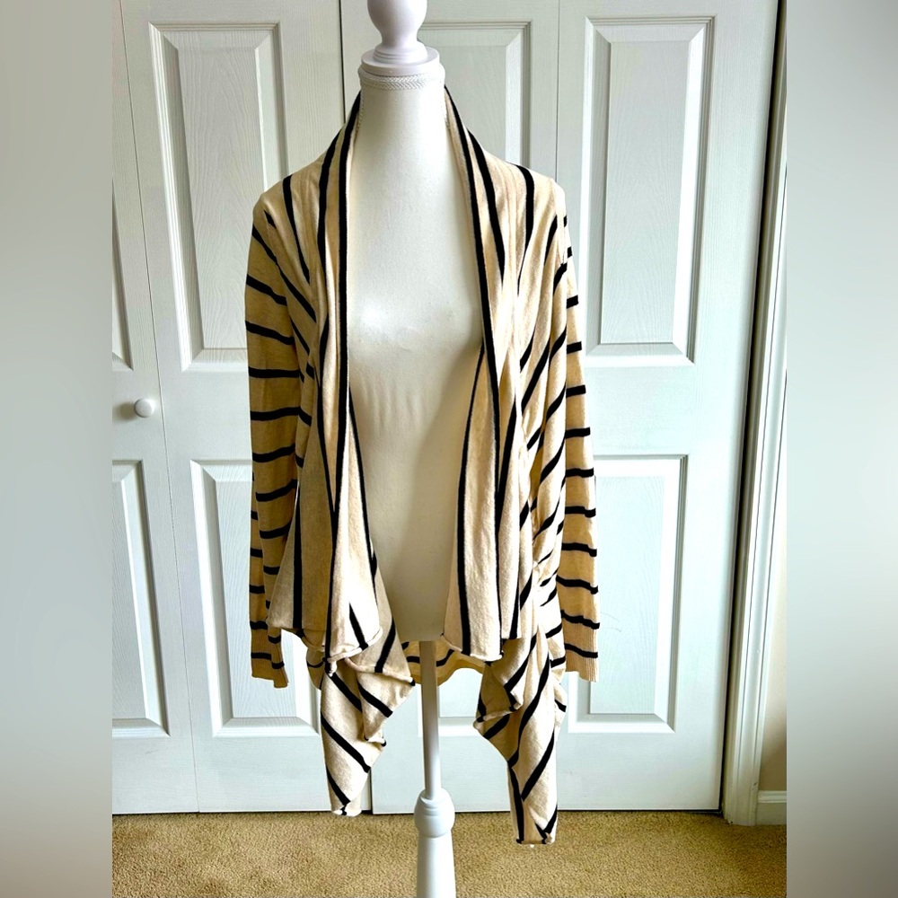 Unique, Striped Cardigan with Gathered detail in Black and Cream